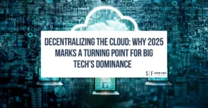Illustration of cloud computing with a central cloud icon overlaid on a digital circuit board, surrounded by laptops and security icons, representing decentralized cloud infrastructure.