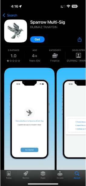 App Store listing for the fake Sparrow Multi-Sig app with misleading interface screenshots