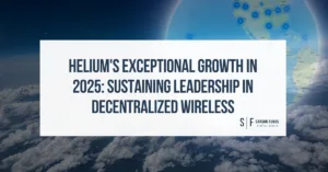 Global map and Helium logo behind a headline highlighting Helium's 2025 growth.
